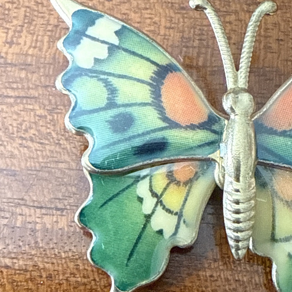 Vintage Enamel Butterfly Brooch Pin • Green & Orange Gold Tone • 2" MCM‎ Fairy - Picture 2 of 6